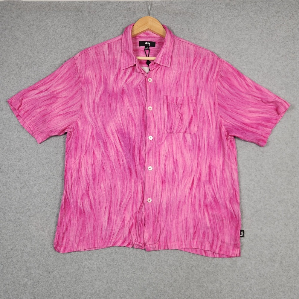 Stussy Shirt Mens Small Pink Fur Print Fuzzy Print Button Up Japan Streetwear
